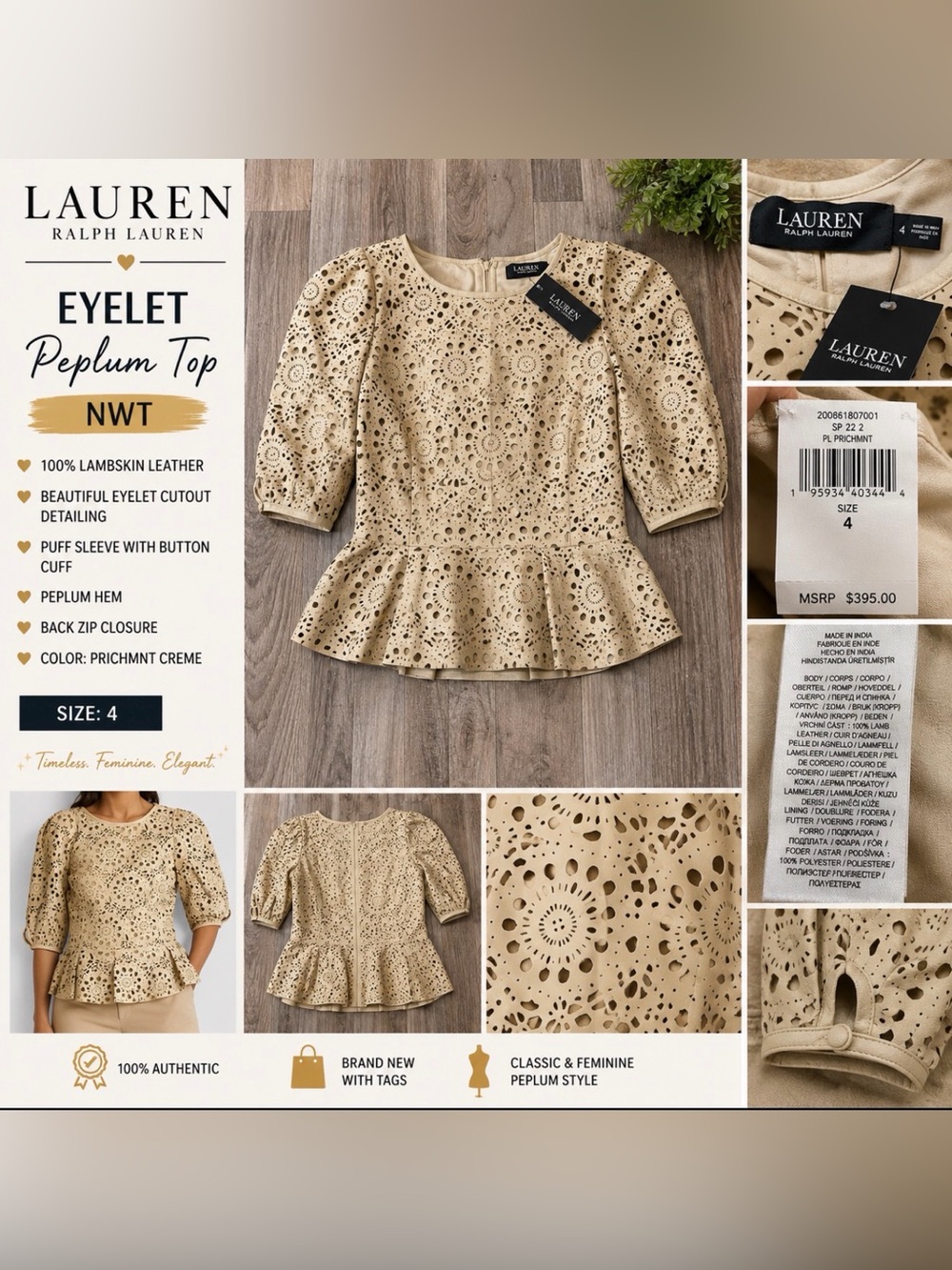 Lauren Ralph Lauren Eyelet Lambskin Leather Peplum Top – NWT – Size 4